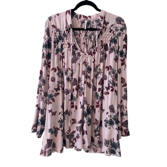 Free People Pebble Crepe Smocked Tunic Top Blouse Floral Lavender Sz M - Picture 3 of 12